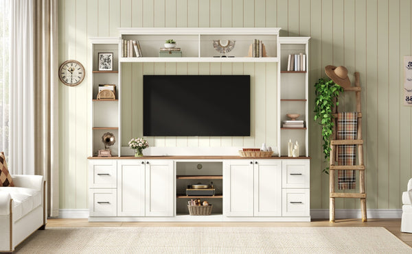 English Elm Unique Low Profile Media Console with Led Lighting Glass Shelves Fits Tvs to 105 White N721S000077K