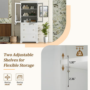 English Elm 70.1" Modern Tall Storage Cabinet with 3 Drawers, 2 Adjustable Shelves, Soft-Close Glass Doors, Gold Handles White N729P271979K