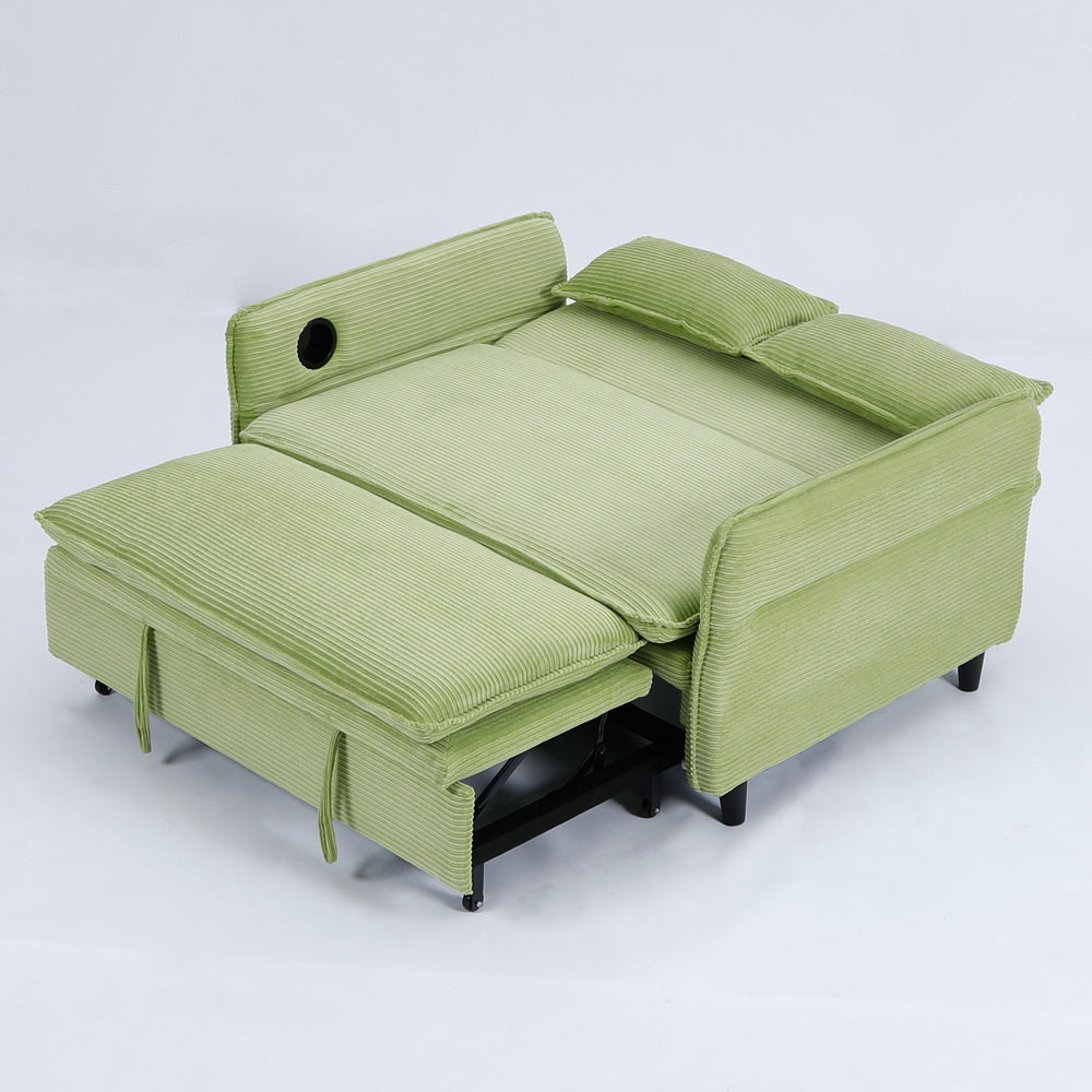 English Elm 65.74-inch convertible letter sofa bed with adjustable armrests, pull-out extension, cup holders, durable frame and plush sponge cushions Green W3371P311474