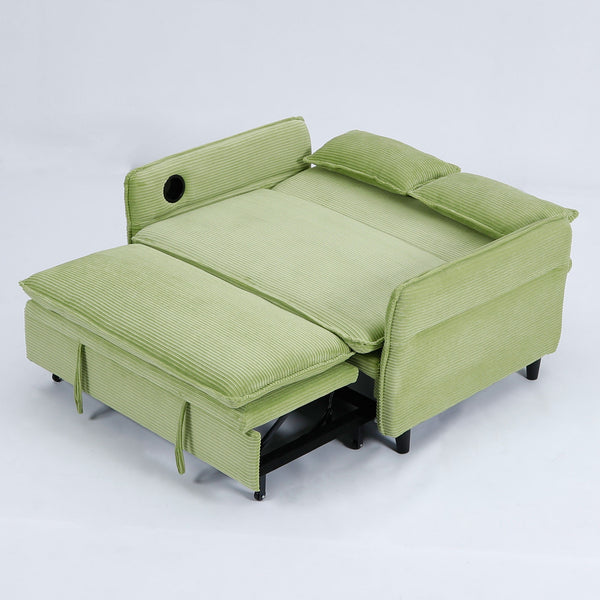English Elm 65.74-inch convertible letter sofa bed with adjustable armrests, pull-out extension, cup holders, durable frame and plush sponge cushions Green W3371P311474