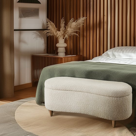 English Elm Boucle Flip Top Storage Bench with Elm Legs – 400 lb Capacity, Plush Polyester Upholstery, 48" Wide Cream 48.5 L x 17 W x 15 H B035P262675