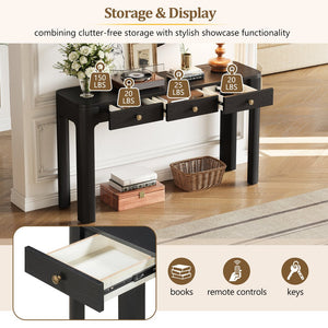 English Elm TREXM Rustic Console Table with Rounded Corners, 3 Concealed Drawers, Sturdy Thick Legs for Hallway Black N715P361525B