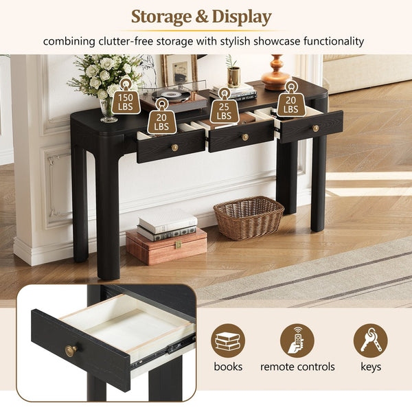 English Elm TREXM Rustic Console Table with Rounded Corners, 3 Concealed Drawers, Sturdy Thick Legs for Hallway Black N715P361525B