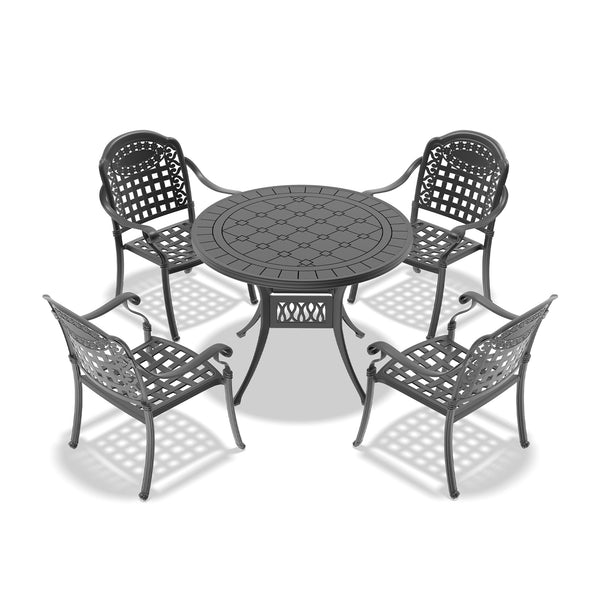 English Elm 5-Piece Elegant Cast Aluminum Patio Furniture Set With Blue Cushions For Stylish Outdoor Dining W1710S00070