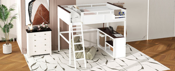 English Elm Queen Size Loft Bed With Desk, Usb Charging, Storage Box & Open Shelves For Organized Living Space N7090005002W-GIGA