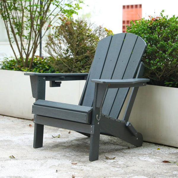 English Elm HDPE Folding Adirondack Chair Set of 2 with Dual Cup Holders, Weatherproof Wood-Texture Gray, 350lb Capacity W2103S00001