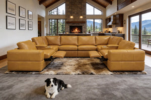 English Elm Premium Leather Match L-shaped Sectional with Dual Recliners and Built-in Console Ginger B2748S00156