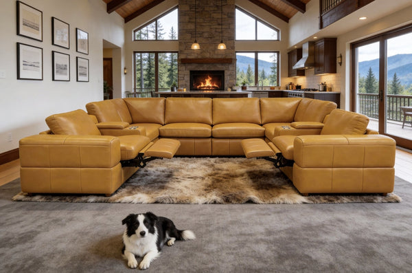 English Elm Premium Leather Match L-shaped Sectional with Dual Recliners and Built-in Console Ginger B2748S00156