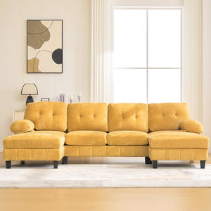 English Elm U-shaped Chenille Sectional Sofa with Dual Chaise Lounges, Tufted Back, Storage Pockets & Pillows Yellow N719S002040L