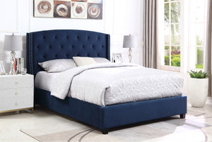 English Elm Summit Fabric Button Tufted Wingback Upholstered Bed With Nail Head Trim, Blue