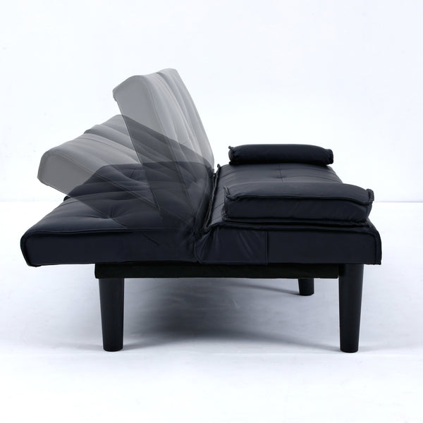 English Elm The 67-inch PVC multi-functional sofa bed with one-click fold, cup holders, sturdy wood frame for apartments Black W3371P318136