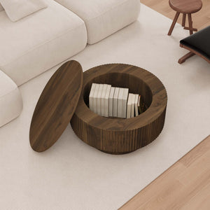 English Elm 29.53 Inch Round Mdf Coffee Table Sculptural Grooved Silhouette with Hidden Storage W2189P320663