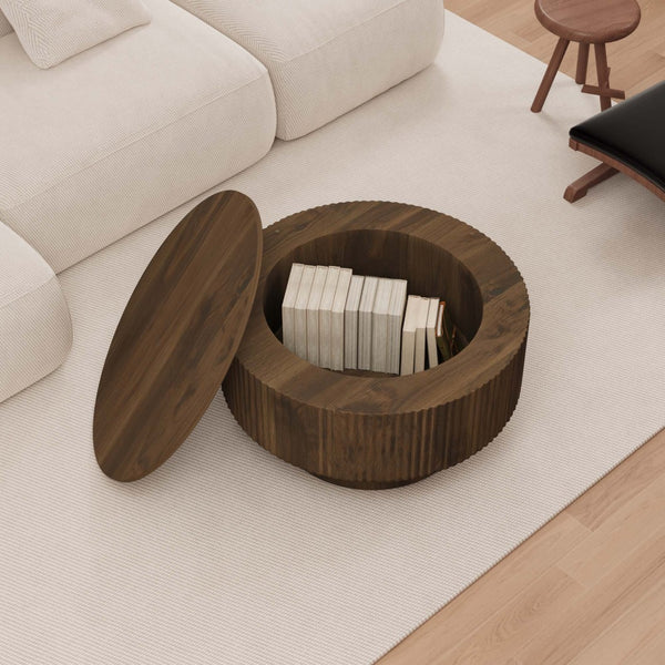 English Elm 29.53 Inch Round Mdf Coffee Table Sculptural Grooved Silhouette with Hidden Storage W2189P320663