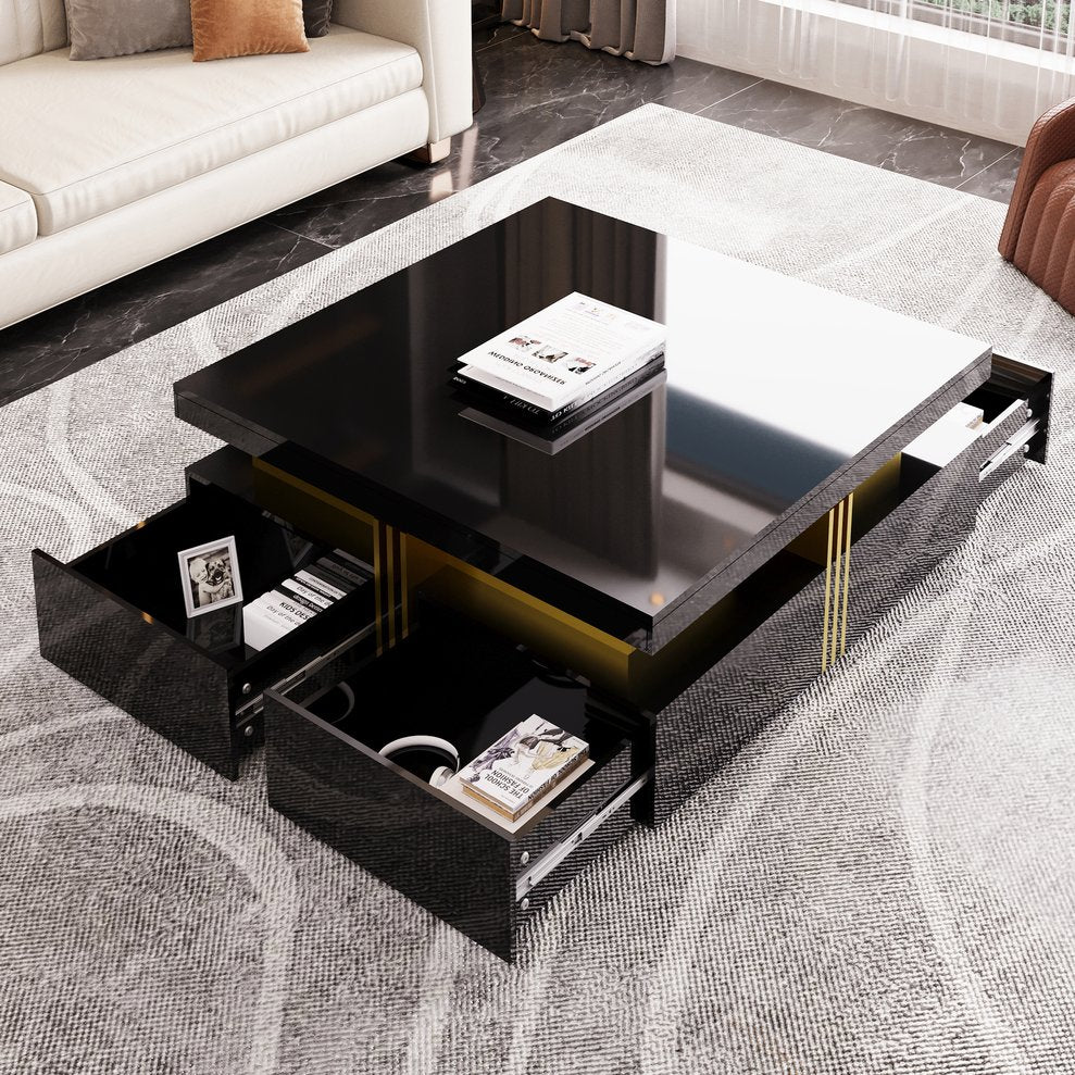 English Elm Modern Square Storage Coffee Table with 4 Drawers, 43.3" Top, Minimalist Durable MDF Design, White Black CH359402AAB