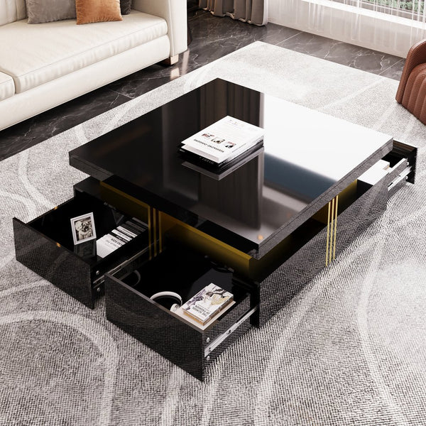English Elm Modern Square Storage Coffee Table with 4 Drawers, 43.3" Top, Minimalist Durable MDF Design, White Black CH359402AAB