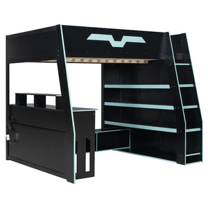 English Elm Full Size Wood Loft Bed with Rgb Lighting Desk and Multi-tier Shelves for Gaming Blue LT000374AAC