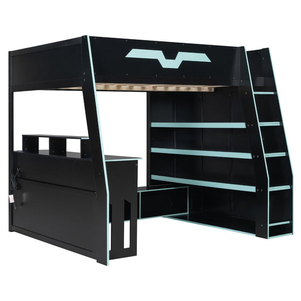 English Elm Full Size Wood Loft Bed with Rgb Lighting Desk and Multi-tier Shelves for Gaming Blue LT000374AAC