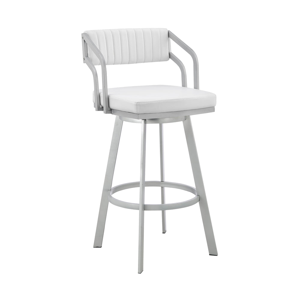 English Elm Palesa Swivel 26" White Faux Leather Bar Stool with Silver Metal Frame, 360° Swivel, Stable Seat B2736P268622