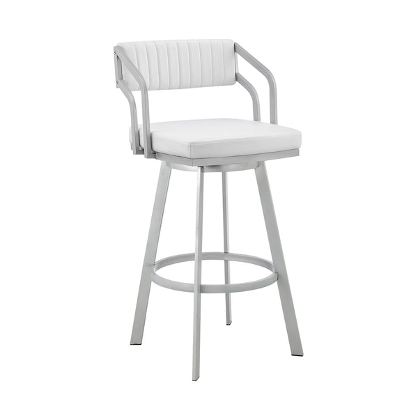 English Elm Palesa Swivel 26" White Faux Leather Bar Stool with Silver Metal Frame, 360° Swivel, Stable Seat B2736P268622