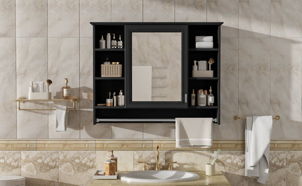 English Elm 3-in-1 Wall Mounted Medicine Cabinet with Soft Close Door Towel Bar and Vanity Mirror Black N710P358618B