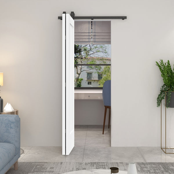 English Elm 24 in Primed Mdf Bi-fold Barn Door with Raised 6-panel Profile and Sliding Hardware B2763P491020
