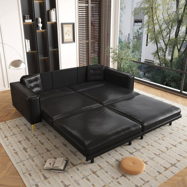 English Elm 92.1"king Faux Leather Convertible Sleeper Sofa Tufted 4 Seat Pull Out Living Room Couch Black W1885S00407