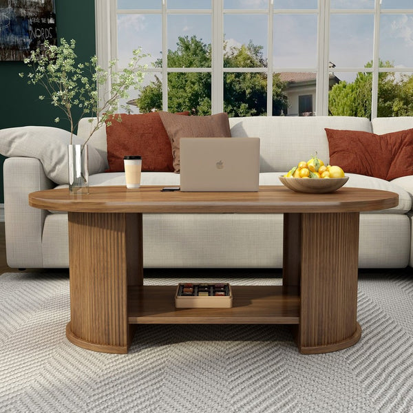 English Elm Oval Fluted Two Tier Coffee Table Walnut Farmhouse Mid Century Living Room Accent W2641P422954