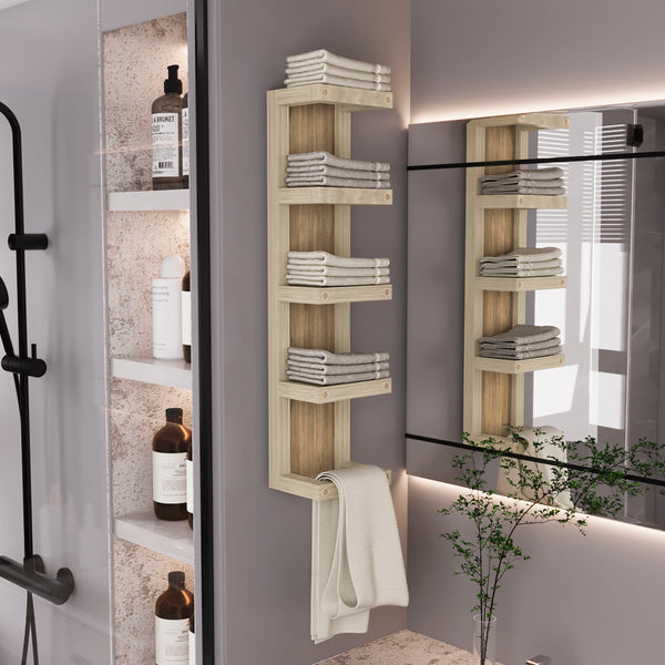English Elm Arlington 5-Tier Wall Towel Rack Vertical Organizer in Oak - Space-Saving Engineered Wood Storage, Durable Modern Finish B200P362033