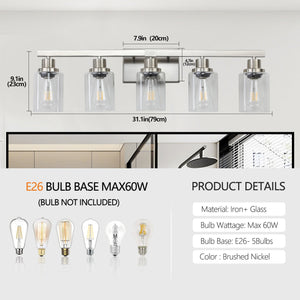 English Elm 31" Modern 5-Light Bathroom Vanity Fixture - Brushed Nickel With Glass Shades For Stylish Lighting W2312P374796