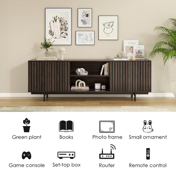 English Elm Modern Low Profile Media Console with Open Shelving and Concealed Cabinet Storage Natural Walnut T3623P434859
