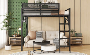 English Elm Queen Size Metal Loft Bed with Ladder and Built-In Storage Shelves, Sturdy High Bed for Teens 99" Black W2580P379983