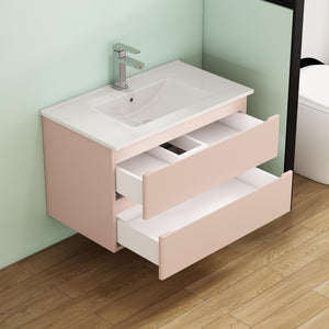 English Elm 32-Inch Modern Wall-Mounted Bathroom Vanity With Ceramic Sink, Soft-Close Drawers, Stylish Pink Finish W3151S00045
