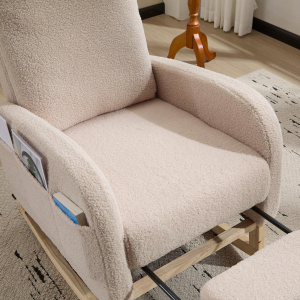 English Elm Modern Upholstered Glider Rocker with Teddy Fabric High Back and Rubberwood Base Beige W3723P409075