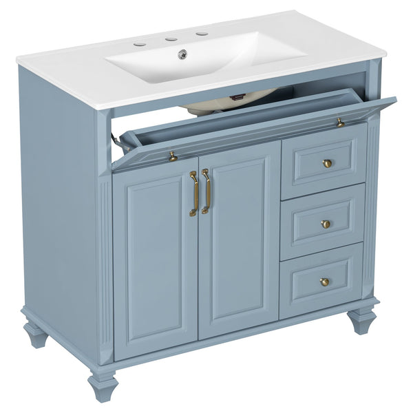 English Elm 36" Bathroom Vanity - Modern Blue Grey Solid Wood Cabinet With Elegant Gold Handles & Ample Storage N725P356069E