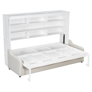 English Elm Full Size Murphy Cabinet Bed With Sofa, Built-In Storage & Led Lights - Stylish Space Saver In Beige N7090000602A