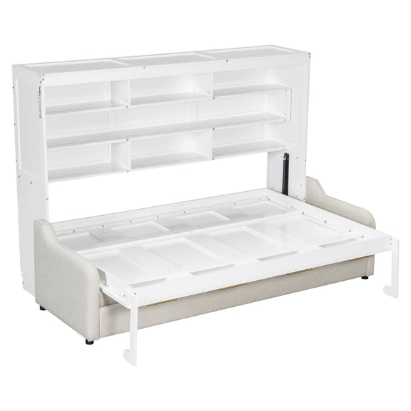 English Elm Full Size Murphy Cabinet Bed With Sofa, Built-In Storage & Led Lights - Stylish Space Saver In Beige N7090000602A