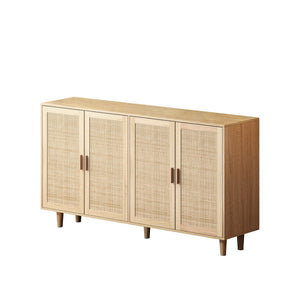 English Elm 62.20"Elegant 4-Door Rattan Storage Cabinet with Solid Wood Legs, Spacious Shelves & Easy Assembly Natural W757P190066