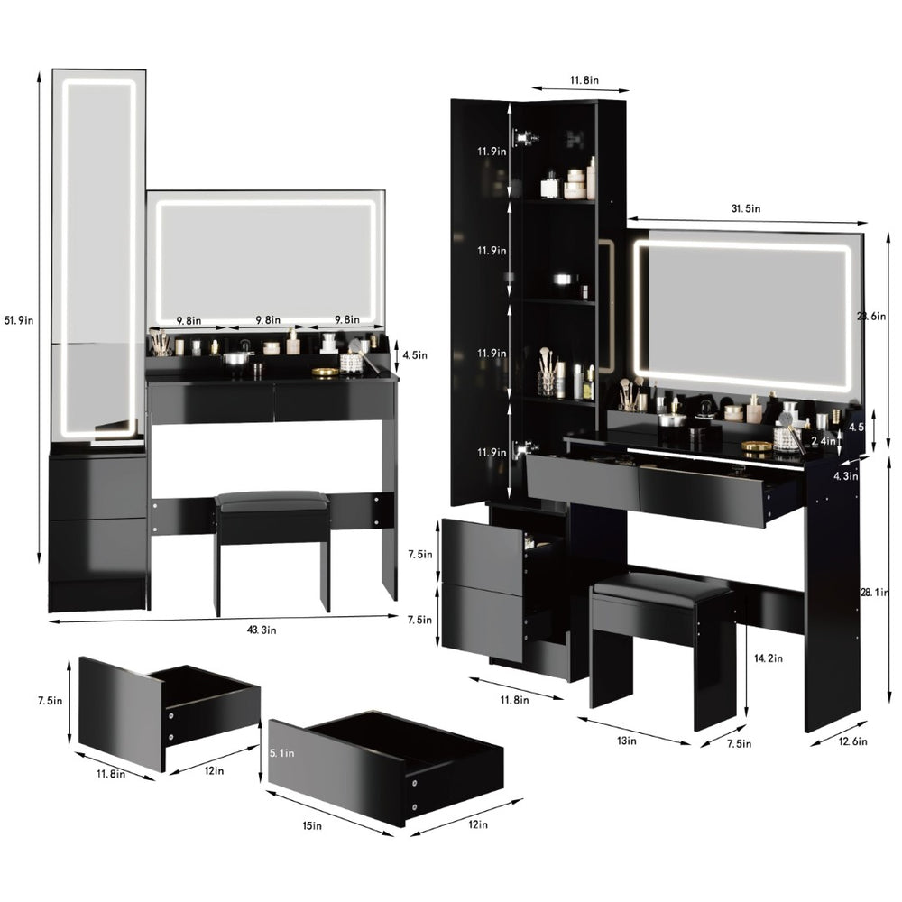 English Elm Full Bedroom Vanity Set with Led Round Mirror Touch Lighting Stool and Cabinet Storage Black W3258S00006