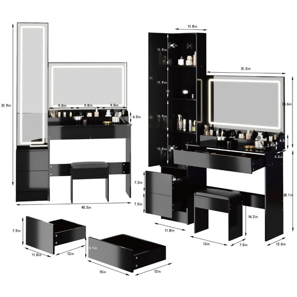 English Elm Full Bedroom Vanity Set with Led Round Mirror Touch Lighting Stool and Cabinet Storage Black W3258S00006