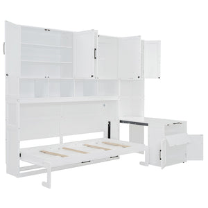 English Elm Twin Murphy Wall Bed with Integrated Closet Drawers and Desk for Studio Spaces White LP000595AAK-2