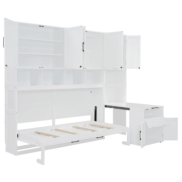 English Elm Twin Murphy Wall Bed with Integrated Closet Drawers and Desk for Studio Spaces White LP000595AAK-2
