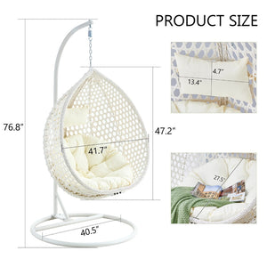 English Elm 76.8-inch Hand Woven Rattan Egg Swing Chair Indoor Outdoor with Cushion Lumbar Pillow White W1512P498593