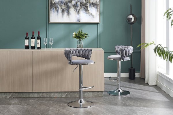 English Elm Set of 2 Velvet Bar Stools with Chrome Base Swivel Height Adjustment Plush Cushion Modern Comfort Grey W1249P247730