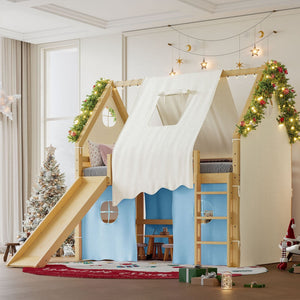 English Elm Full Size Pine Loft Bed with Slide Tent Panels Led Lights and Play Space Below W1580S00292