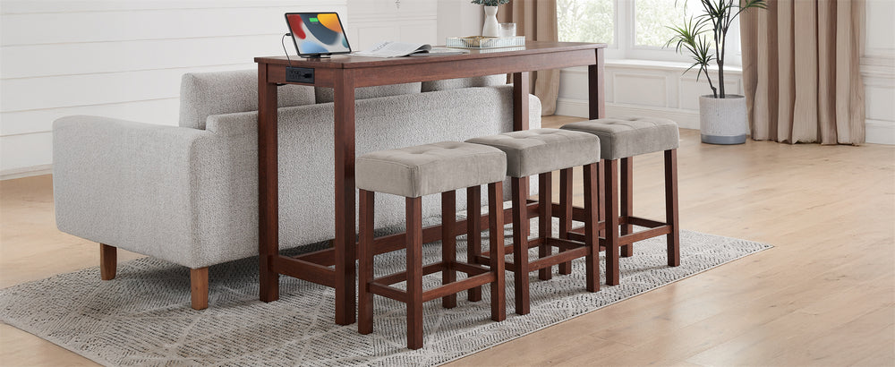 English Elm 59 59 Inch Bar Table Set with Power Outlet, 3 Upholstered Stools, Solid Wood MDF Linen Seats, Durable Load Capacity W2972P355432