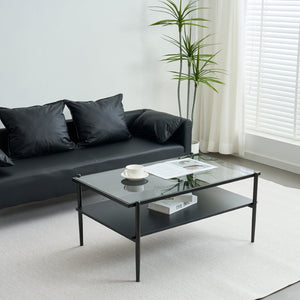 English Elm Rectangle Coffee Table With Sleek Gray Glass Top & Sturdy Black Metal Legs - Modern Living Room Style W241139565-GIGA