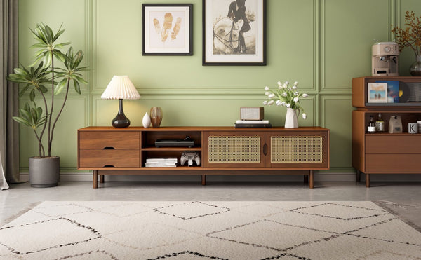 English Elm 78 Inch Rattan Media Console with Rubberwood Legs Walnut Finish Living Room Storage N710P407810P