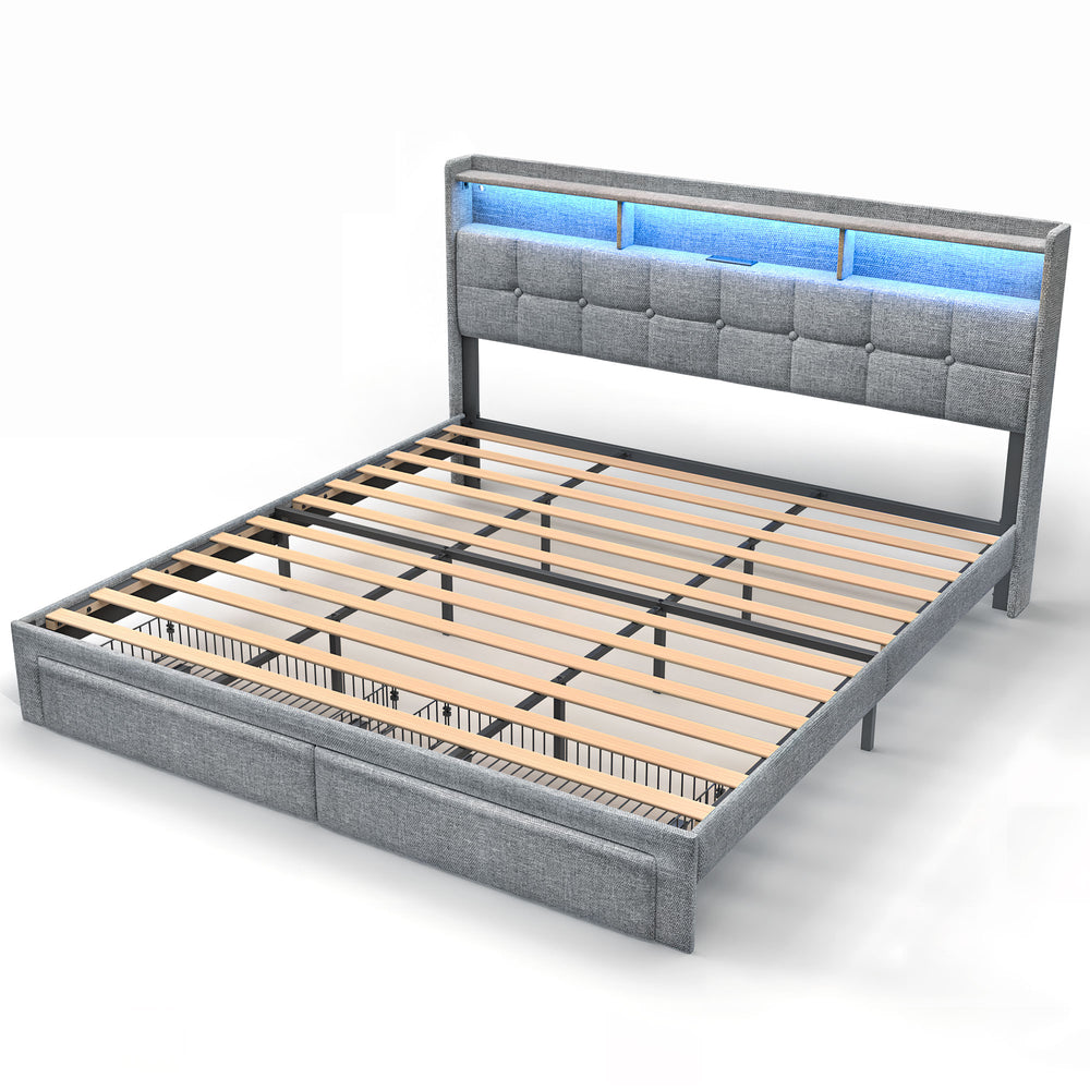 English Elm King LED Upholstered Bed Frame with Storage Headboard, 2 Drawers, Fast Charging Ports & Mood Lights W1550P190366