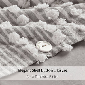 English Elm 3-piece King Yarn Dyed Cotton Duvet Set with Pompom Jacquard Stripe Percale Reverse Grey B035P482895