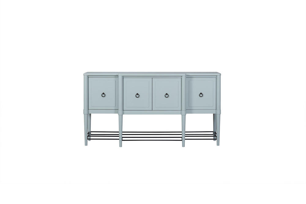 English Elm Breakfront Ocean Finish Sideboard - Light Blue Solid Wood & MDF, Power Ready, Metal Accents, 4 Cabinets B2699P224825